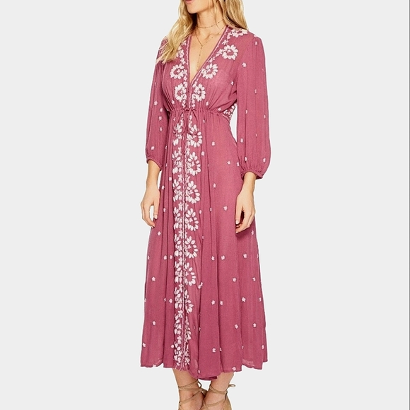 NEW🌺 Free People Embroidered Floral Fable Midi Dress Pink Ivory XS - Picture 9 of 13